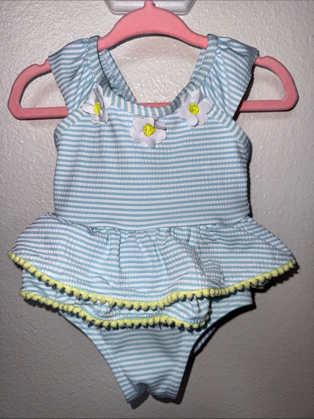 Light Blue Striped Girls' One-Piece Swimsuit with Daisy Trim